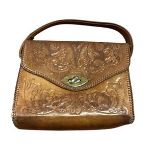 Vintage Handcrafted Tooled Leather Handbag With Florals Brass Turn Lock Closure
